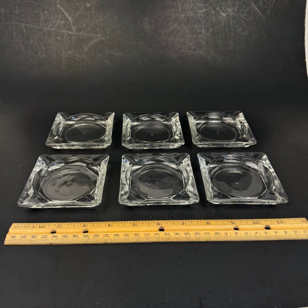 6 Vtg Anchor Hocking Small Square Clear Glass Ashtrays Set 3.5in‎ Stackable
